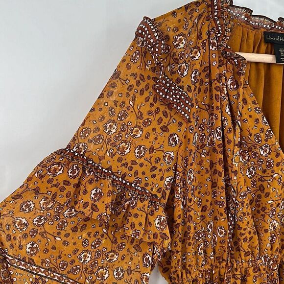 House of Harlow 1960 Boho Rust Gold Brown Ruffle TieredFloral Mini Dress Small - Picture 6 of 13